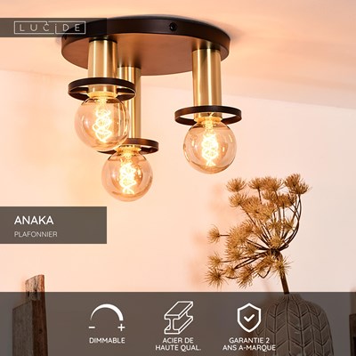 Lucide ANAKA - Plafonnier - Ø 30 cm - 3xE27 - Noir